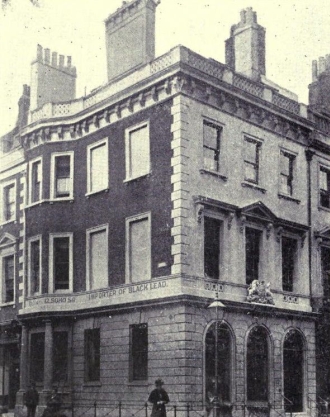 Photo of 12 Soho Square, London, from “Two Centuries of Soho, Its Institutions, Firms and Amusements”, 1898
