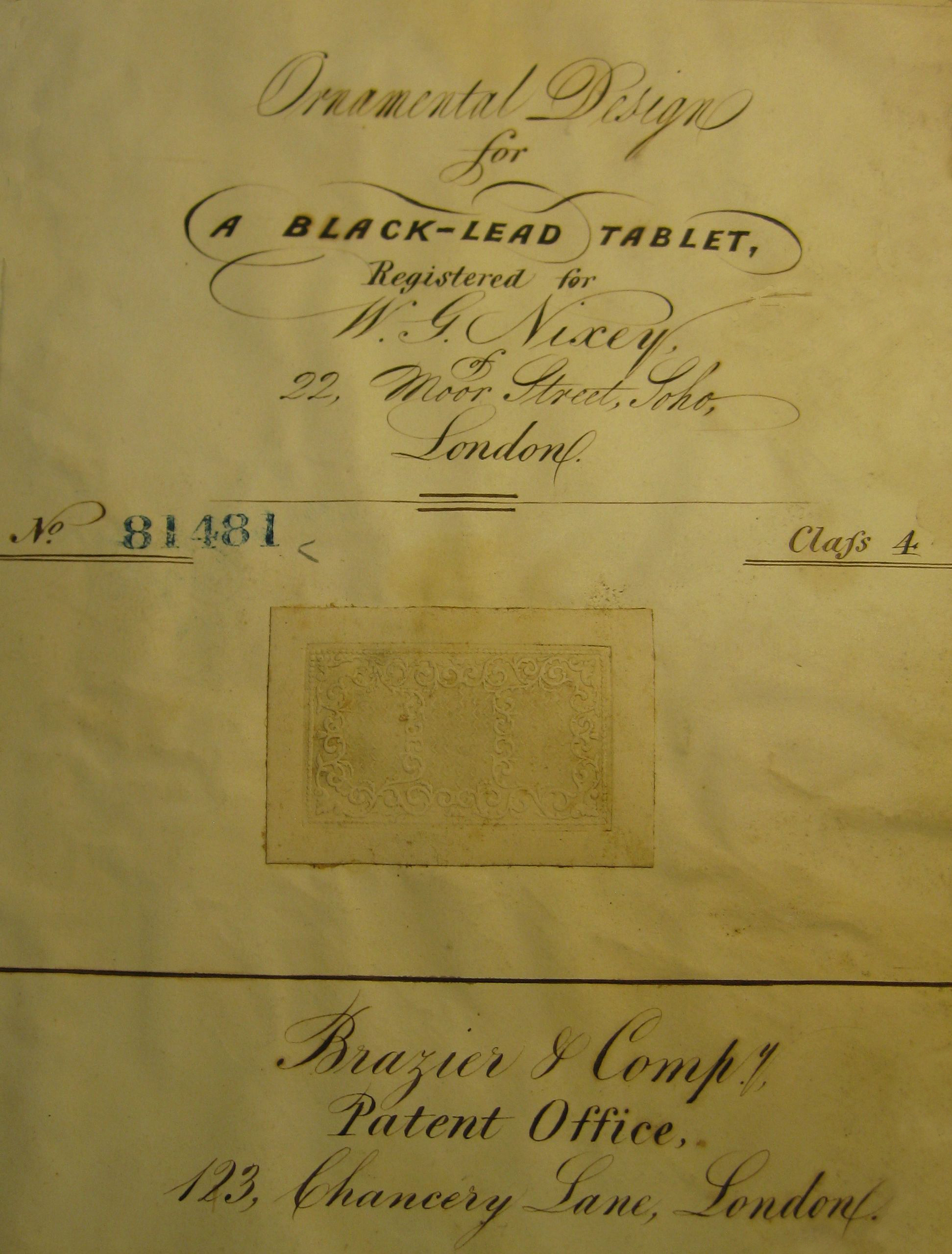 An image of the patent for the ornamental design to be used on W G Nixey’s tablets of black lead; image copyright by the National Archives