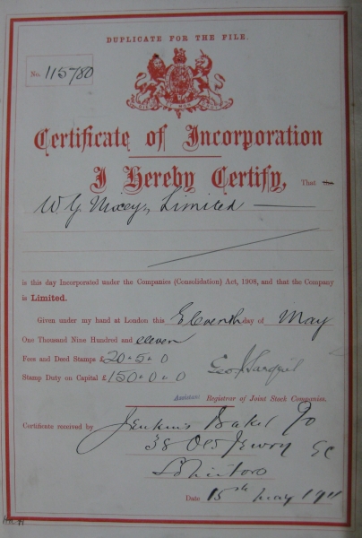 The Certificate of Incorporation of W. G. Nixey Ltd (1911); image Copyright by the National Archives