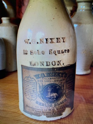 A rare stoneware bottle complete with label for Egg-Shell Enamel “Berlin Black”; by kind permission of Liam Ferrall