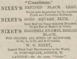 An advert for Nixey’s Refined Black Lead, Soho Square Blue, and Berlin Black from the Taunton Courier & Western Advertiser of 24th October 1888
